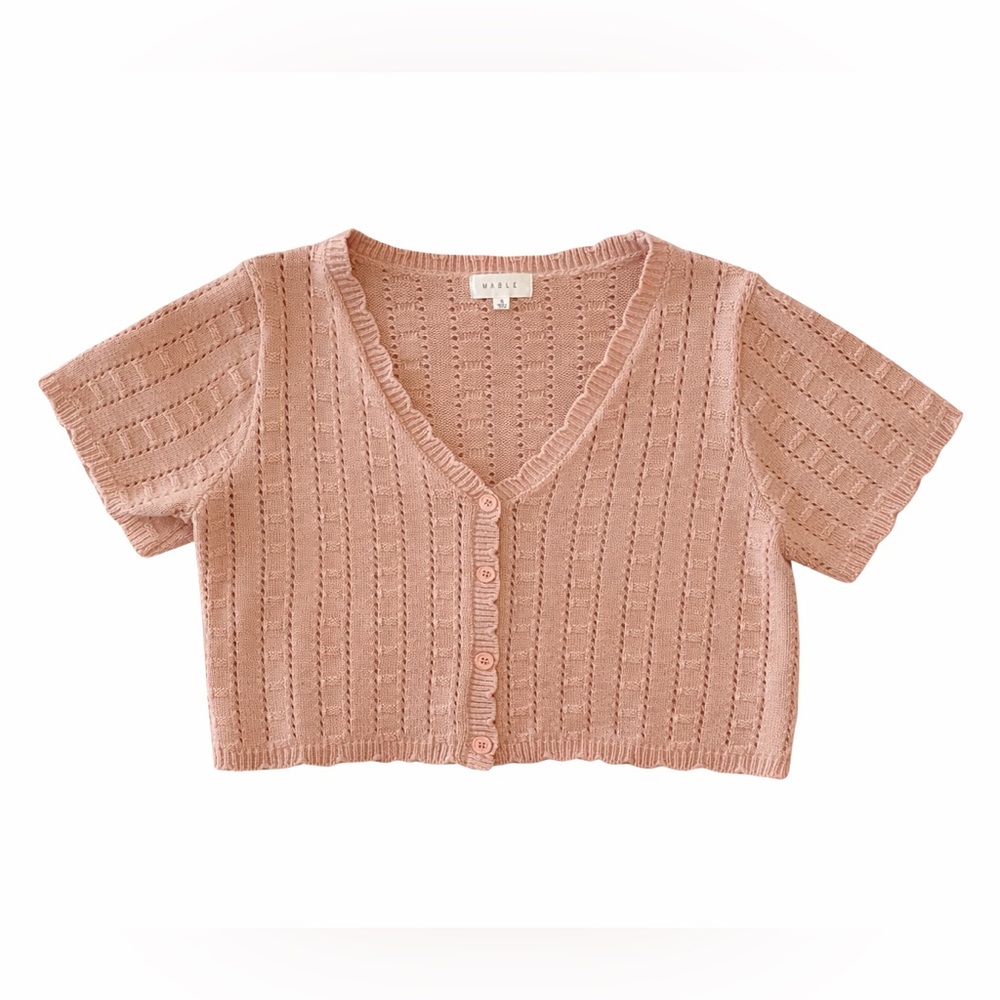 Anthropologie Mable Dusty Pink Pointelle Knit Button Front Cropped Cardigan Top - Picture 2 of 7